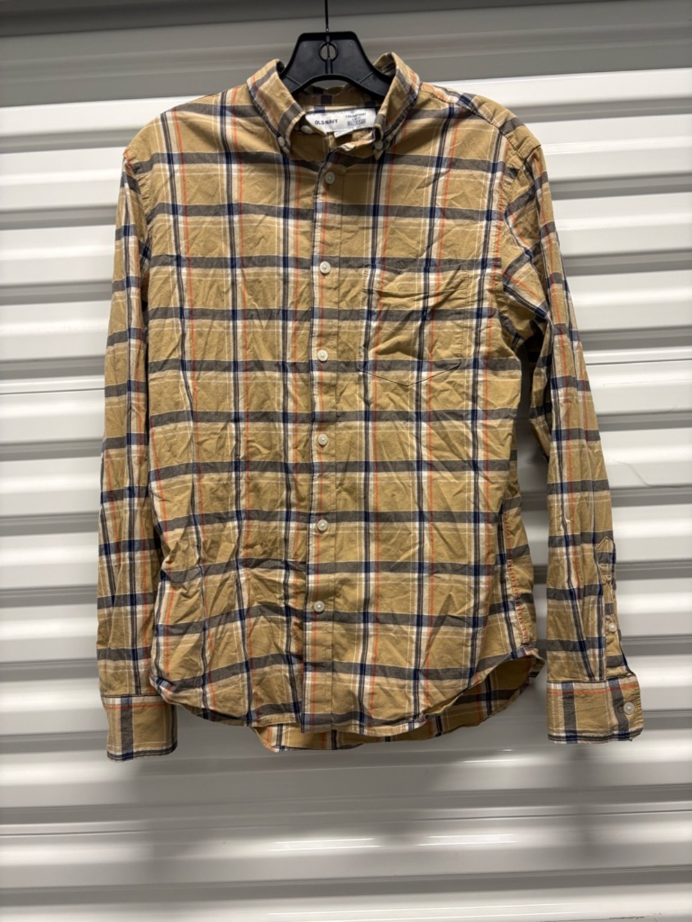 Old Navy Beige Blue Orange Plaid Woven Cotton Slim Fit Button-Up Shirt Men's S